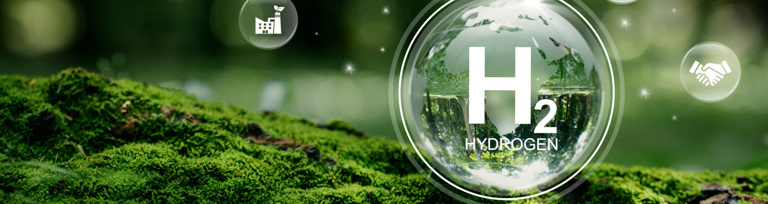 H2 hydrogen innovation zero emissions technology.Globe Glass with H2 icons. Reduce carbon dioxide and greenhouse gases production fuel station. renewable fuel green energy.Green hydrogen.